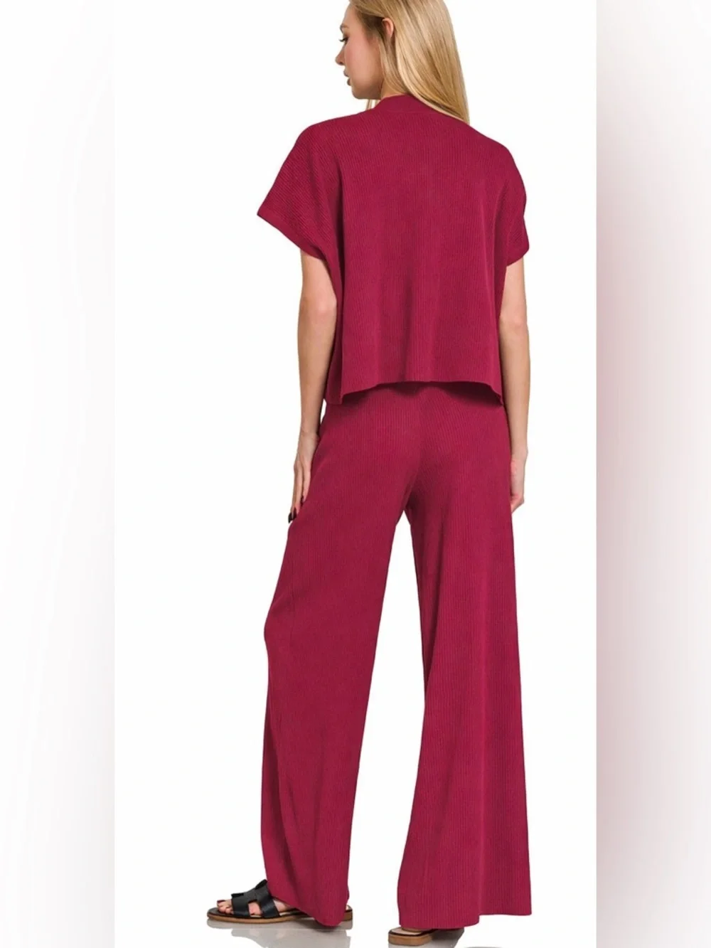 NEW Zenana Cabernet Red Ribbed Knit Matching Lounge Set Top & High Rise Pants